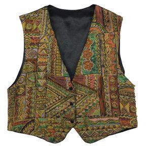 Beaded vest S gold print Y2K yellow orange black unbranded snap metallic rave